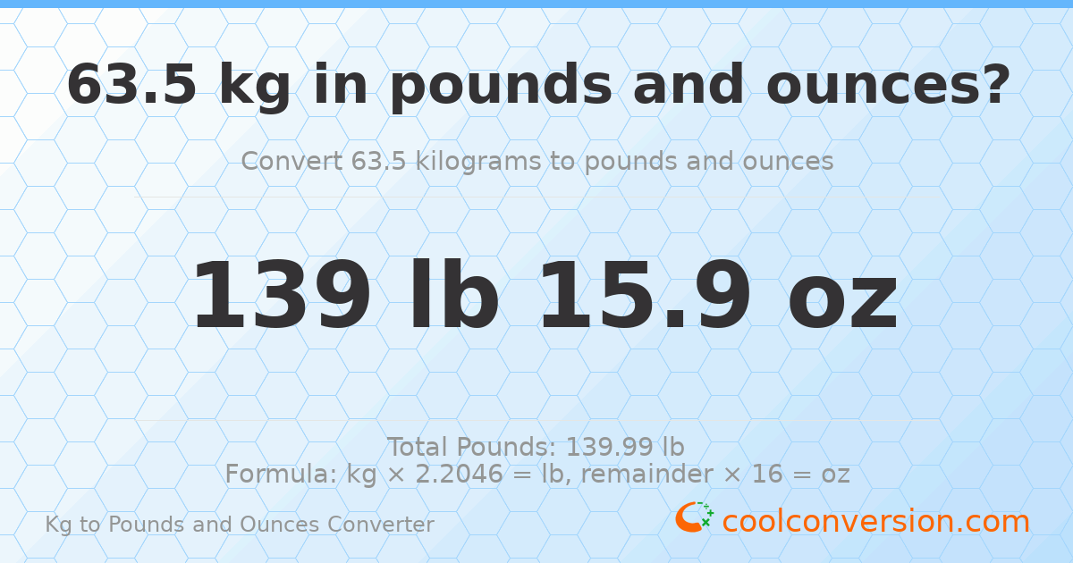 63.5 kg to lbs and oz — 63.5 kg = 139 lb 15.9 oz