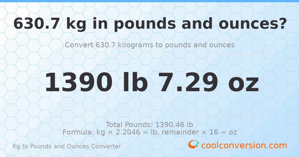 630.7 kg to lbs and oz — 630.7 kg = 1390 lb 7.29 oz