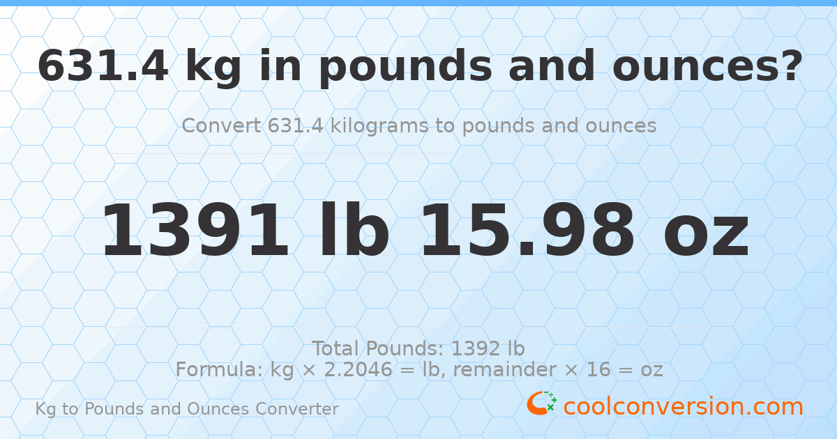 631.4 kg to lbs and oz — 631.4 kg = 1391 lb 15.98 oz