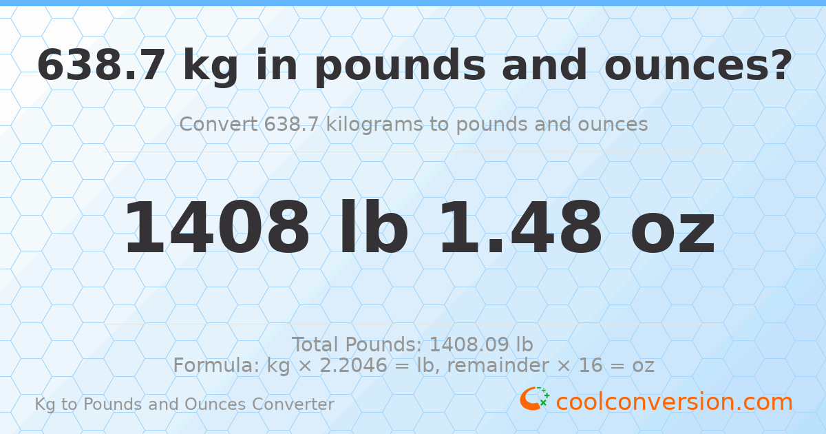 638.7 kg to lbs and oz — 638.7 kg = 1408 lb 1.48 oz
