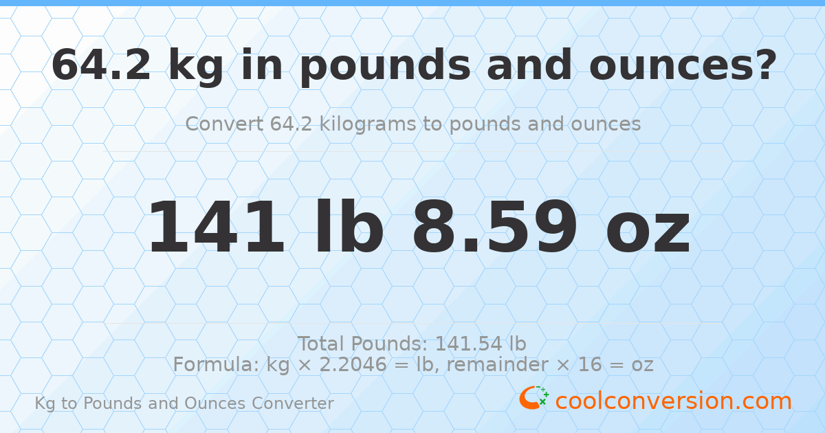 64.2 kg to lbs and oz — 64.2 kg = 141 lb 8.59 oz