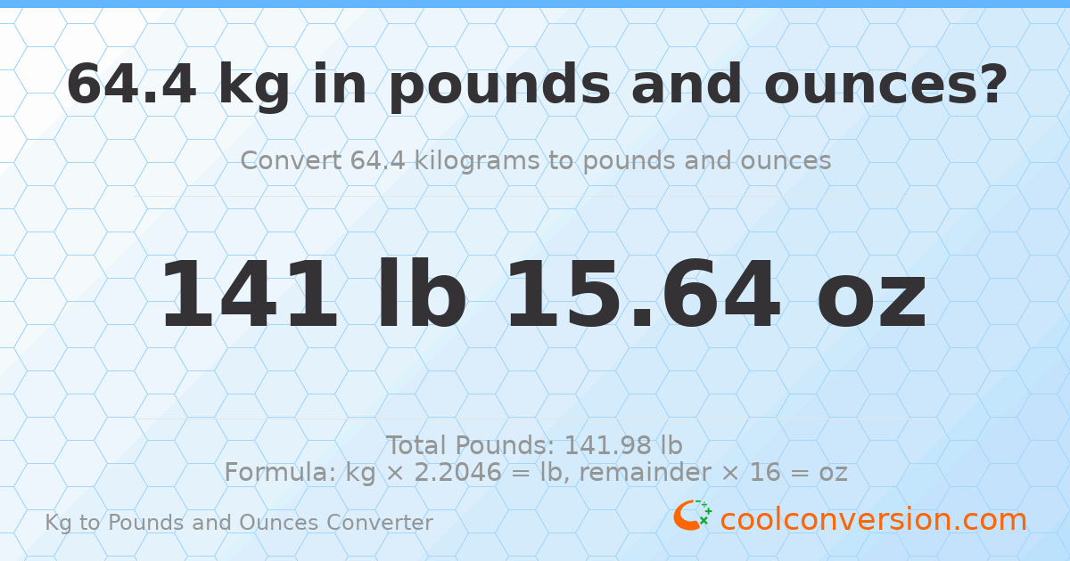 64.4 kg to lbs and oz — 64.4 kg = 141 lb 15.64 oz