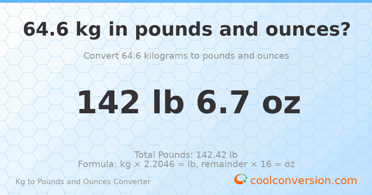 64.6 kg to lbs and oz — 64.6 kg = 142 lb 6.7 oz
