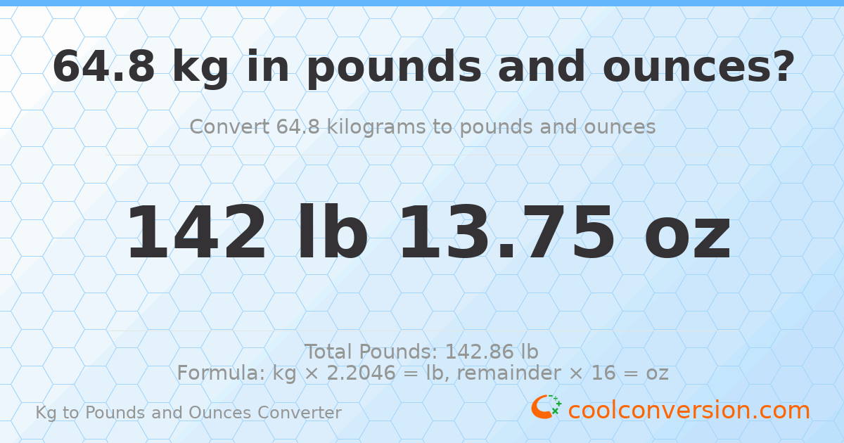 64.8 kg to lbs and oz — 64.8 kg = 142 lb 13.75 oz