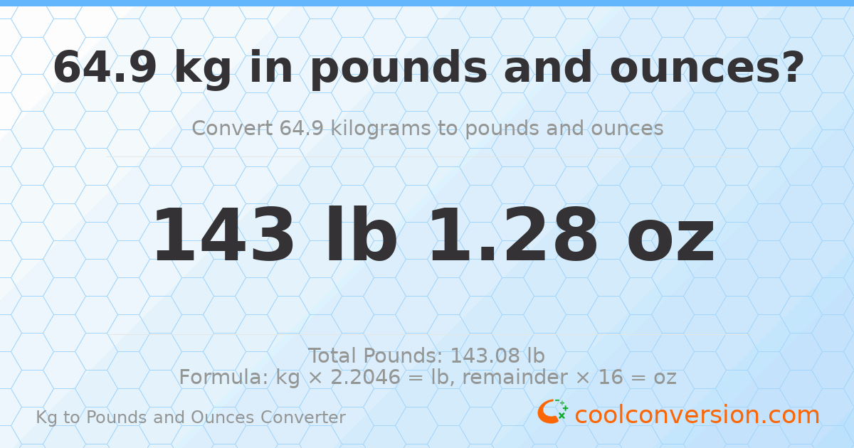 64.9 kg to lbs and oz — 64.9 kg = 143 lb 1.28 oz