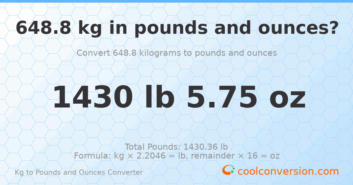 648.8 kg to lbs and oz — 648.8 kg = 1430 lb 5.75 oz
