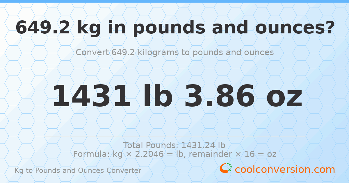 649.2 kg to lbs and oz — 649.2 kg = 1431 lb 3.86 oz