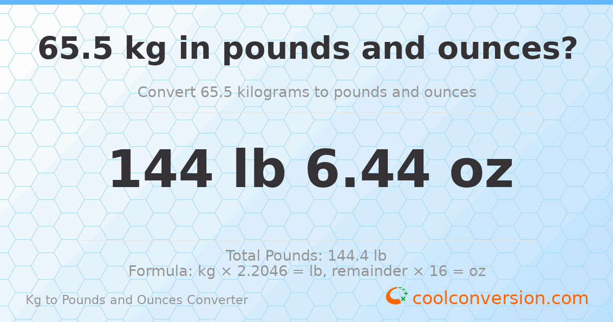 65.5 kg to lbs and oz — 65.5 kg = 144 lb 6.44 oz