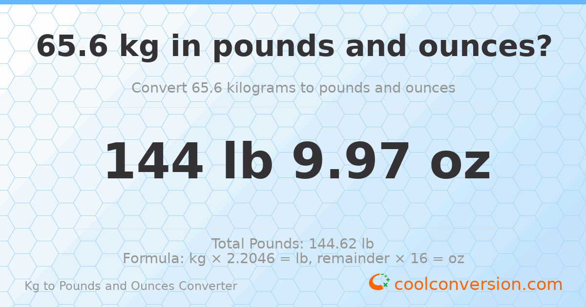 65.6 kg to lbs and oz — 65.6 kg = 144 lb 9.97 oz
