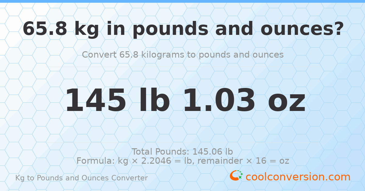 65.8 kg to lbs and oz — 65.8 kg = 145 lb 1.03 oz