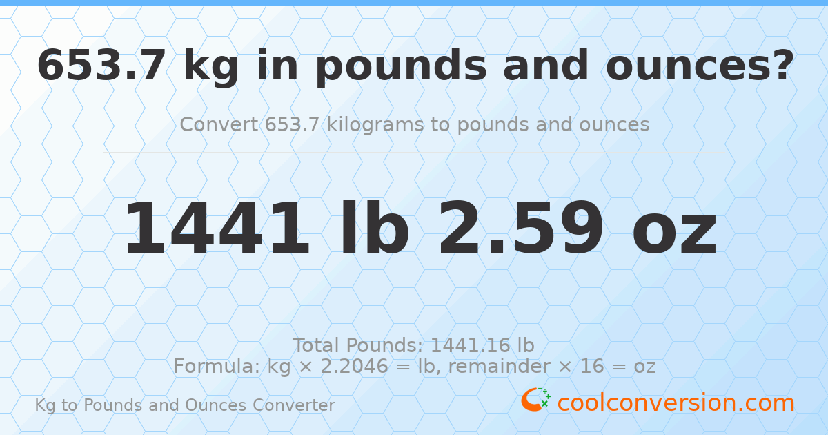 653.7 kg to lbs and oz — 653.7 kg = 1441 lb 2.59 oz