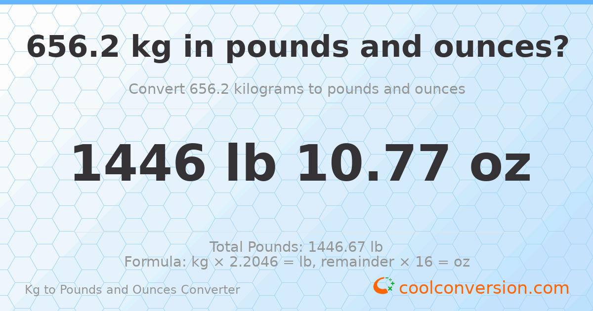656.2 kg to lbs and oz — 656.2 kg = 1446 lb 10.77 oz