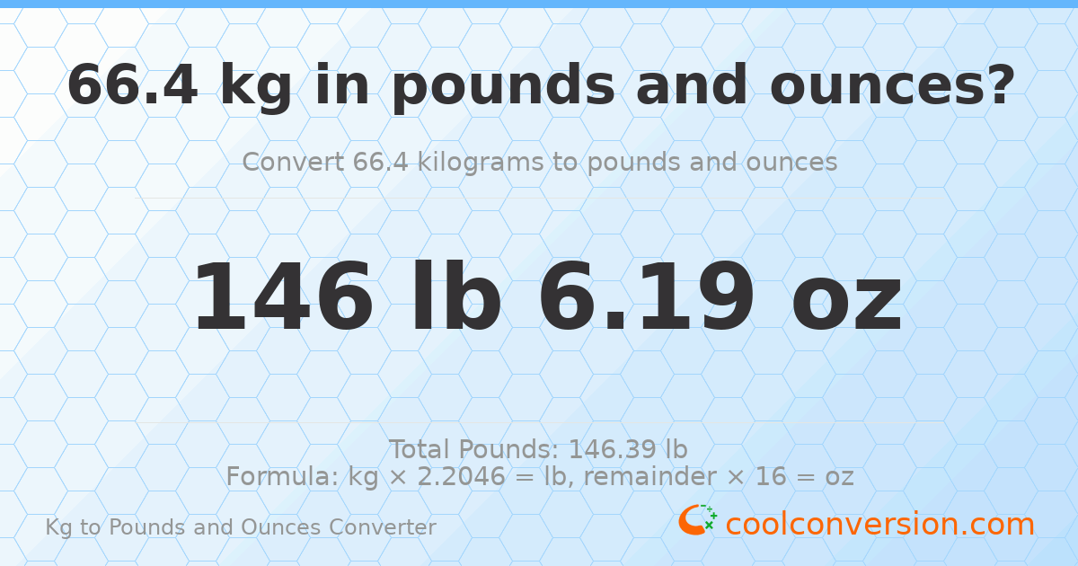 66.4 kg to lbs and oz — 66.4 kg = 146 lb 6.19 oz