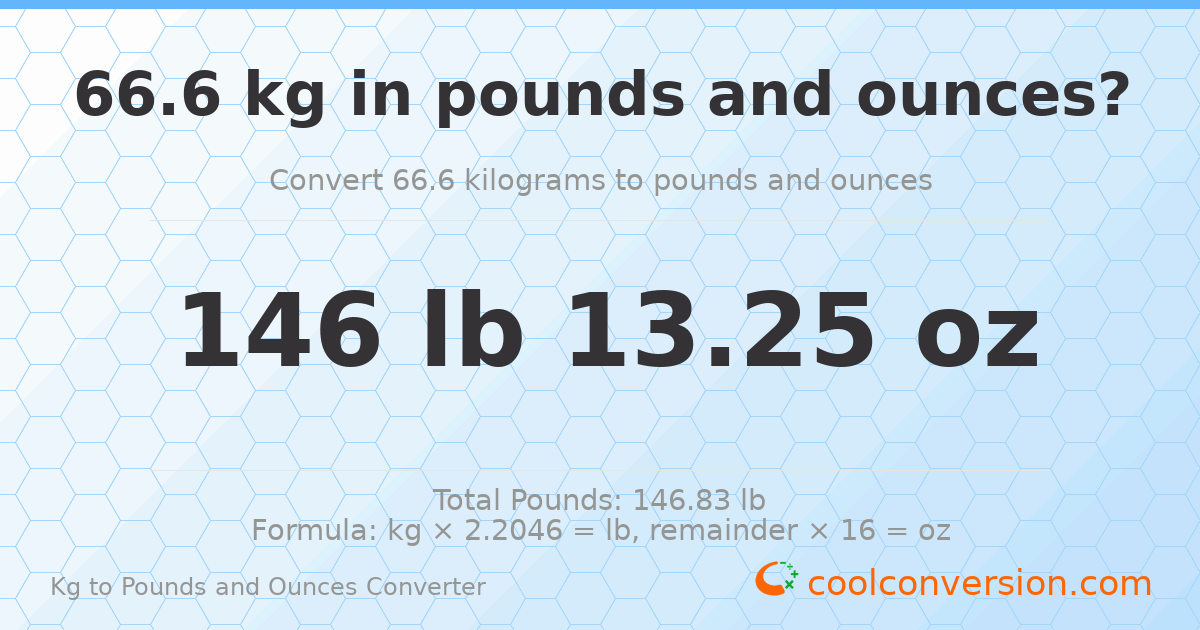 66.6 kg to lbs and oz — 66.6 kg = 146 lb 13.25 oz