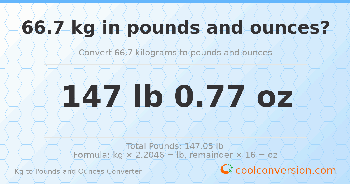 66.7 kg to lbs and oz — 66.7 kg = 147 lb 0.77 oz