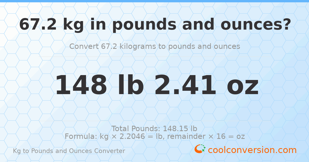 67.2 kg to lbs and oz — 67.2 kg = 148 lb 2.41 oz