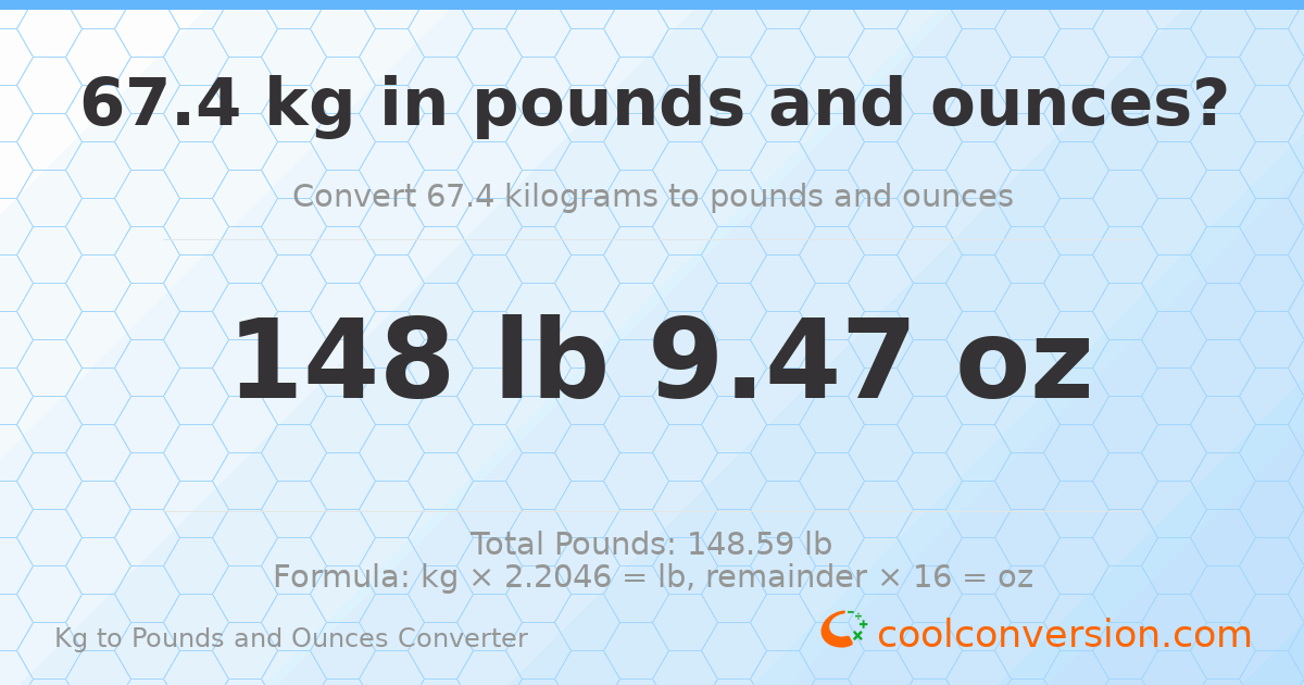 67.4 kg to lbs and oz — 67.4 kg = 148 lb 9.47 oz