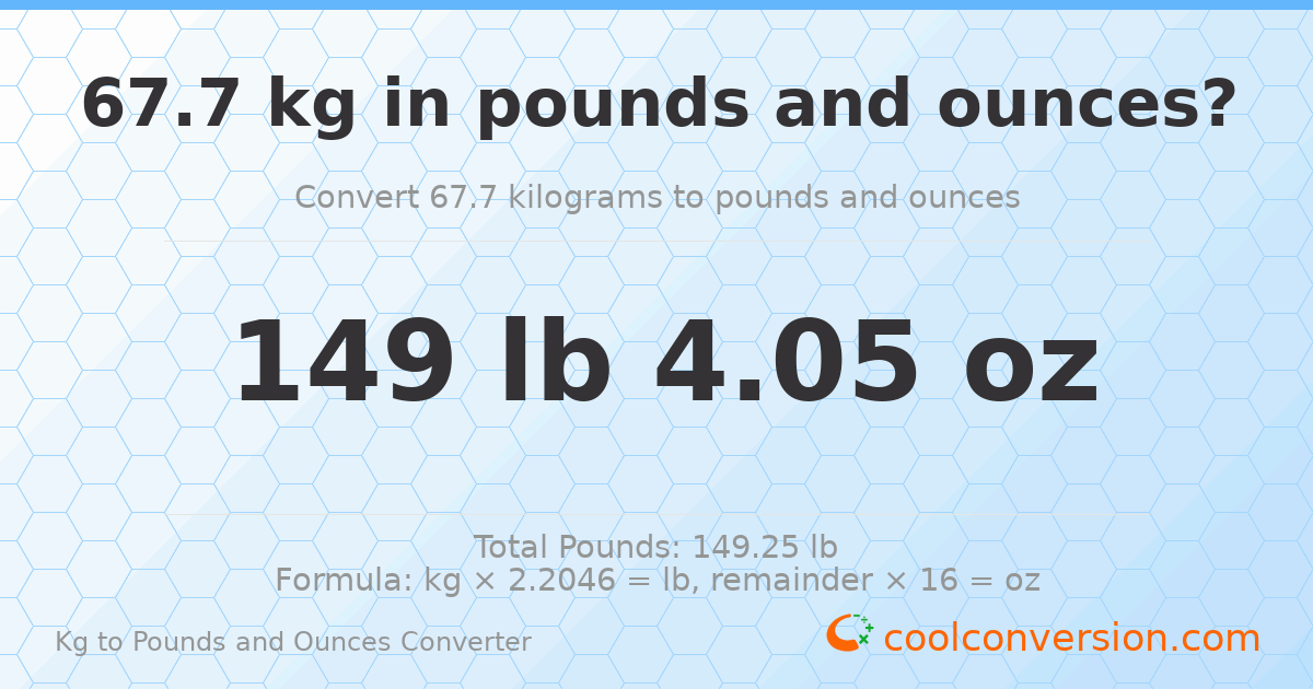 67.7 kg to lbs and oz — 67.7 kg = 149 lb 4.05 oz