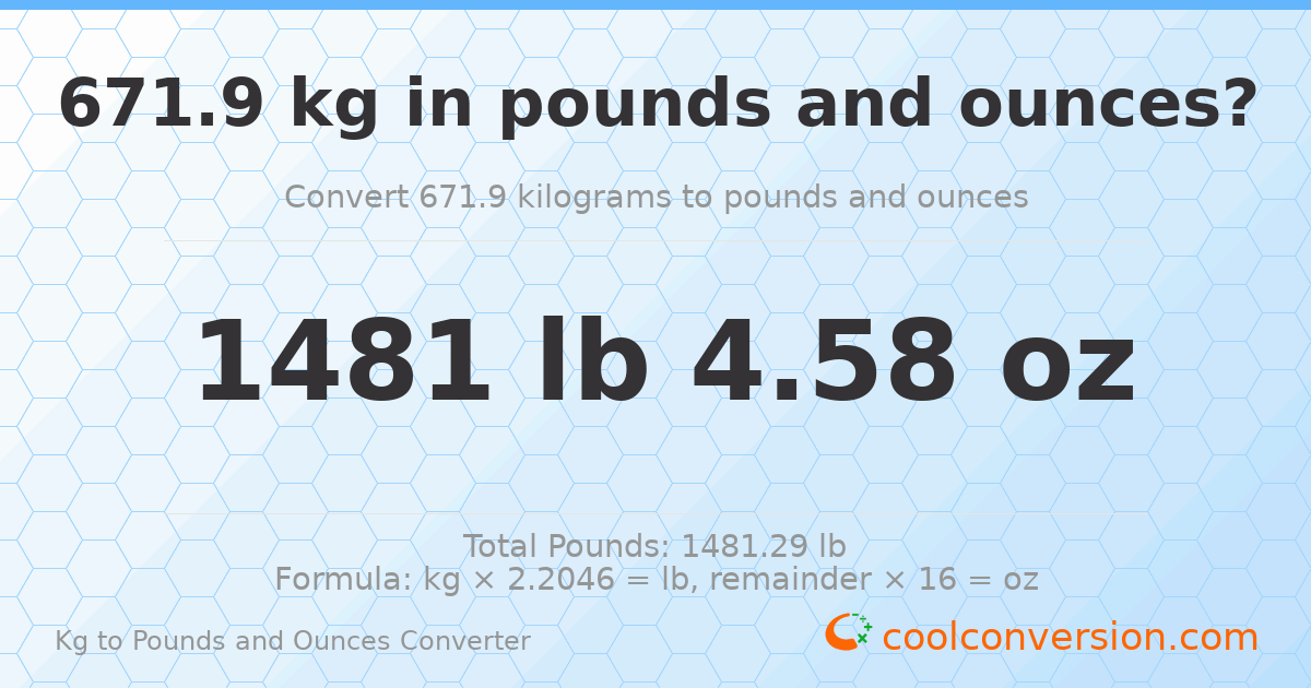671.9 kg to lbs and oz — 671.9 kg = 1481 lb 4.58 oz