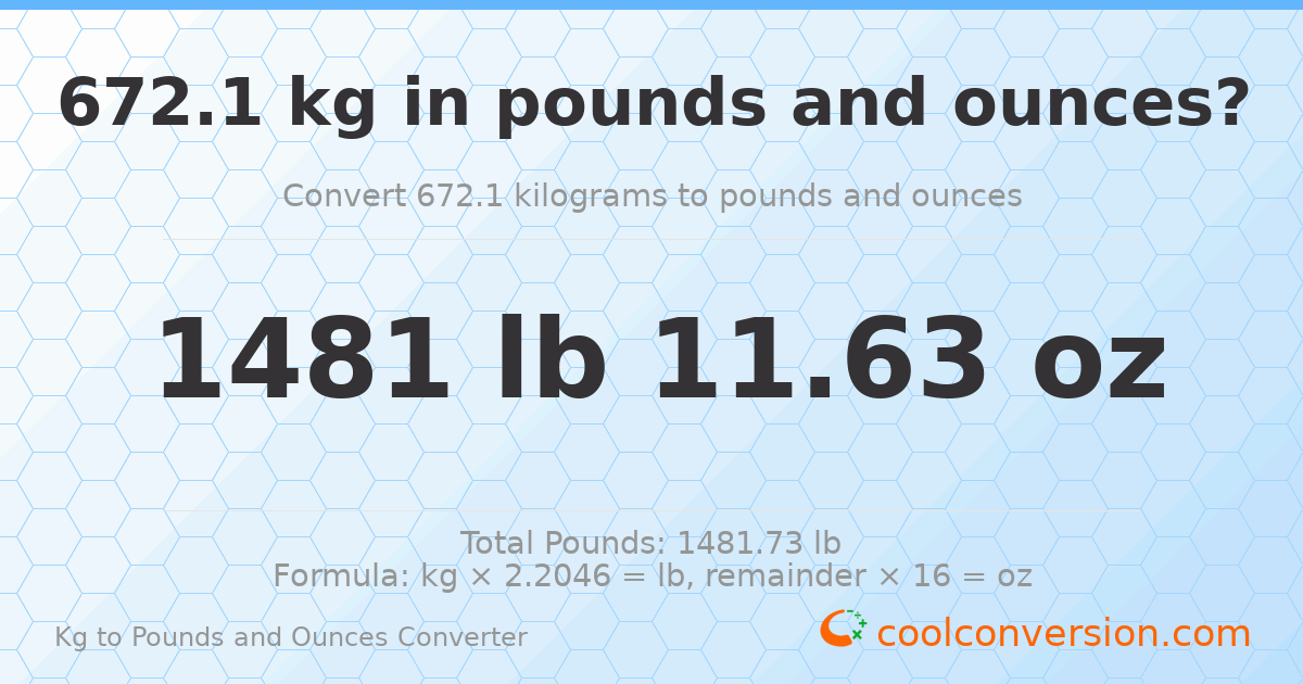 672.1 kg to lbs and oz — 672.1 kg = 1481 lb 11.63 oz