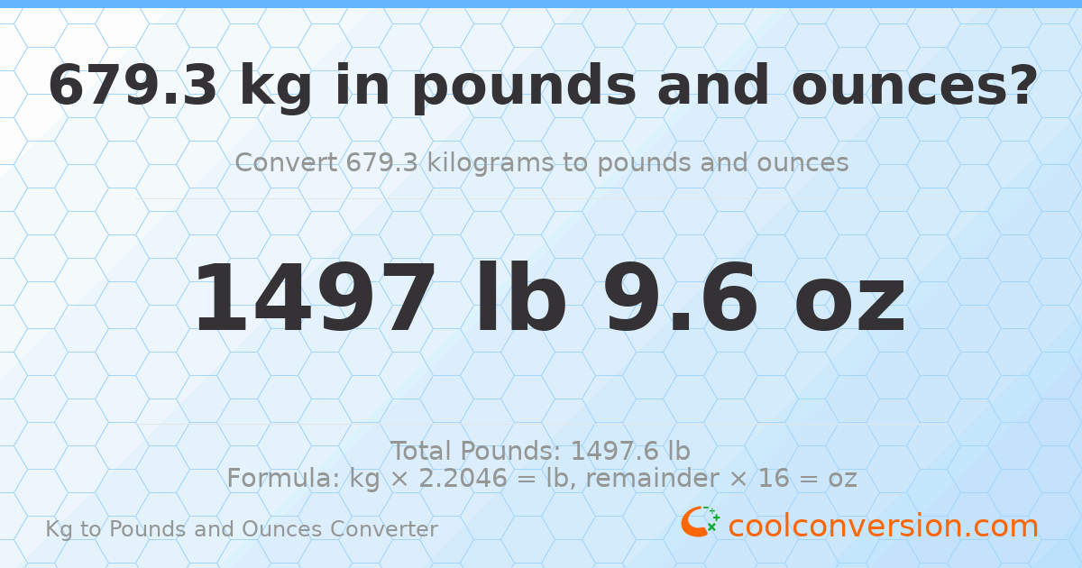 679.3 kg to lbs and oz — 679.3 kg = 1497 lb 9.6 oz
