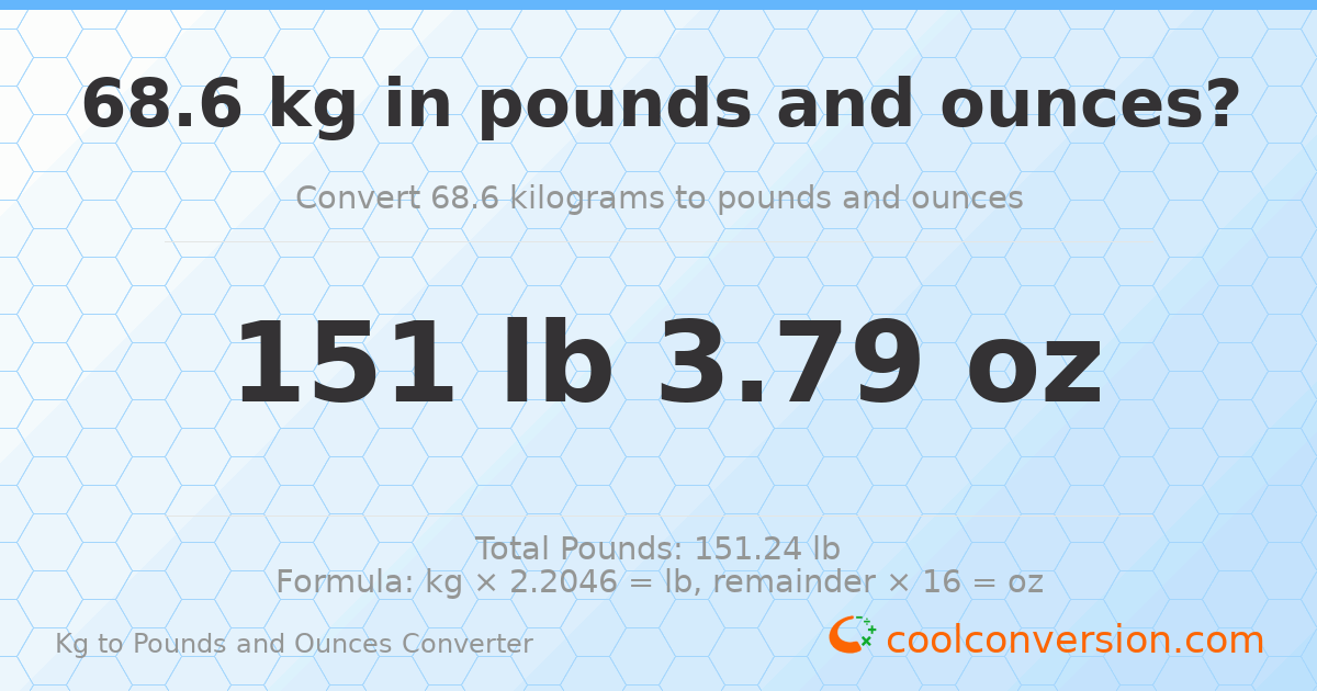 68.6 kg to lbs and oz — 68.6 kg = 151 lb 3.79 oz