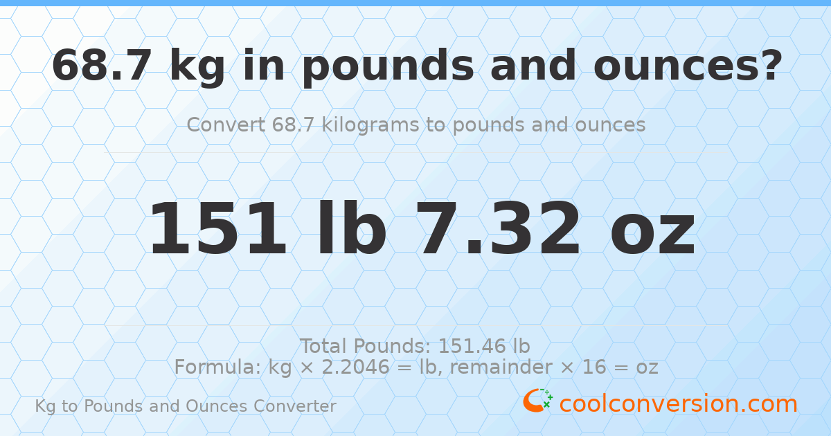 68.7 kg to lbs and oz — 68.7 kg = 151 lb 7.32 oz