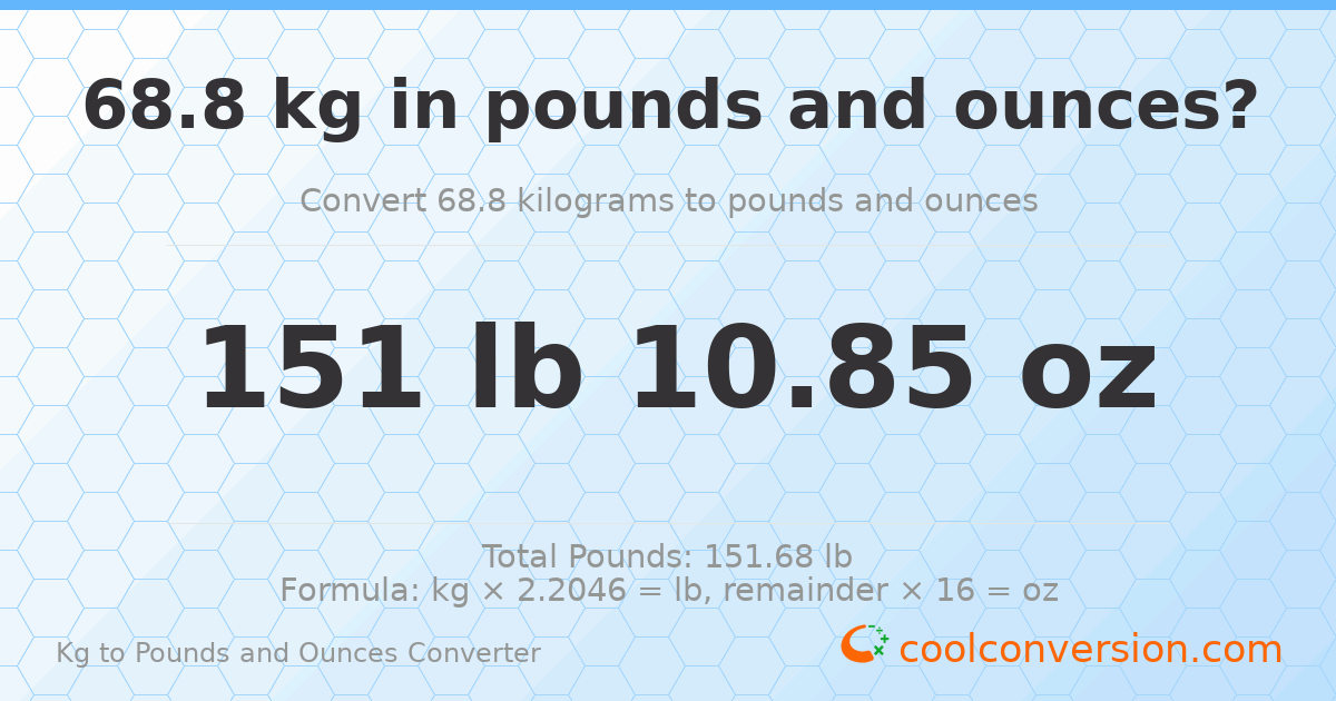 68.8 kg to lbs and oz — 68.8 kg = 151 lb 10.85 oz