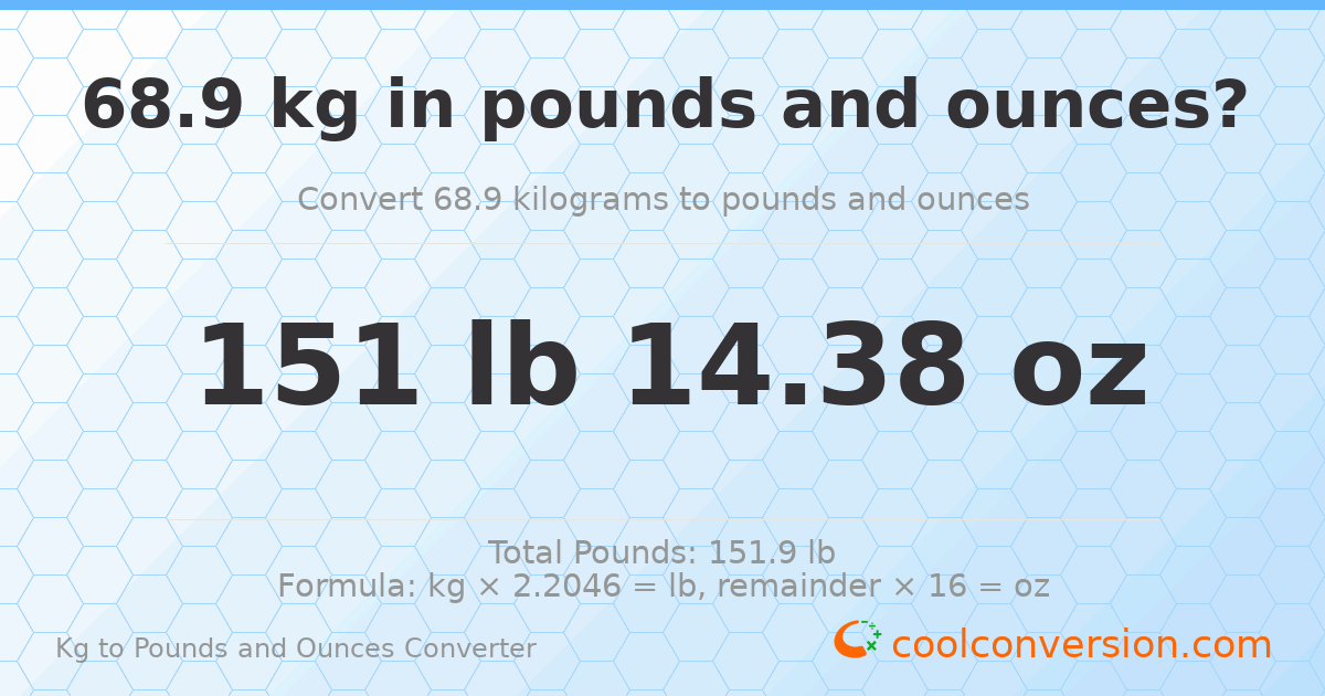 68.9 kg to lbs and oz — 68.9 kg = 151 lb 14.38 oz