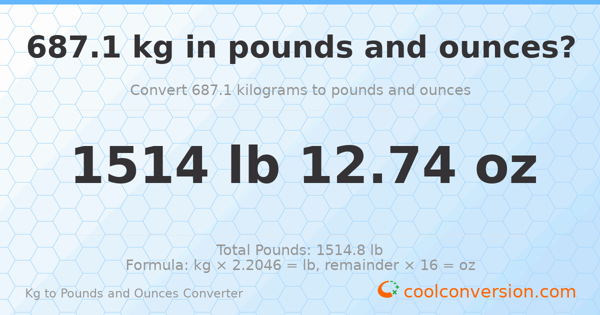 687.1 kg to lbs and oz — 687.1 kg = 1514 lb 12.74 oz