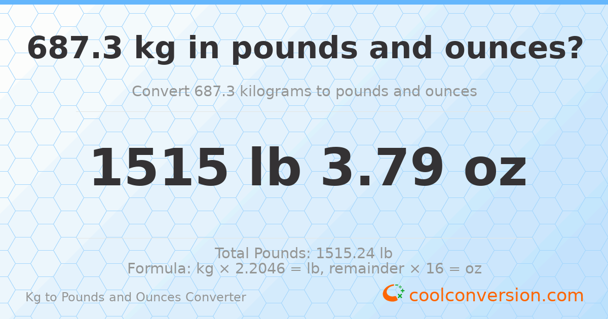 687.3 kg to lbs and oz — 687.3 kg = 1515 lb 3.79 oz