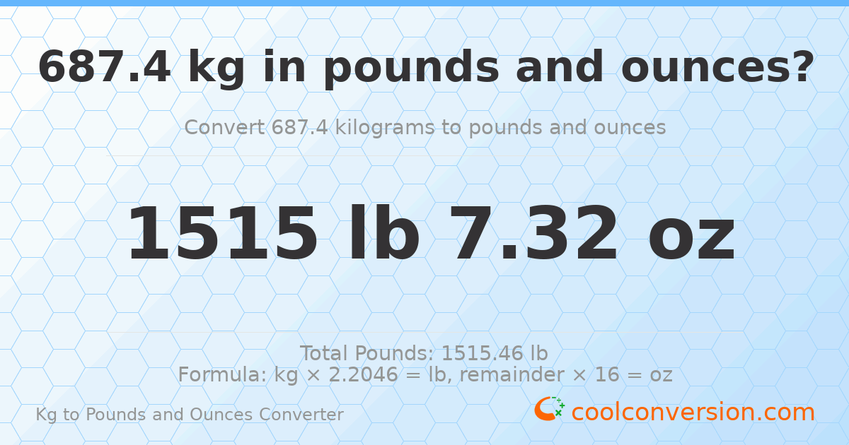 687.4 kg to lbs and oz — 687.4 kg = 1515 lb 7.32 oz