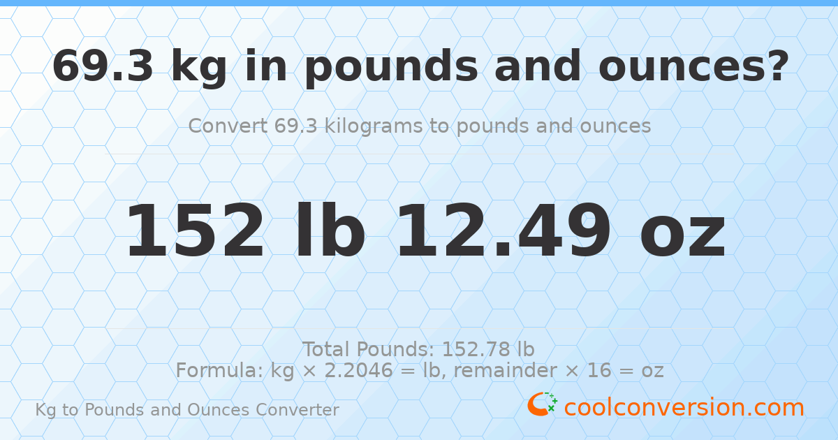 69.3 kg to lbs and oz — 69.3 kg = 152 lb 12.49 oz