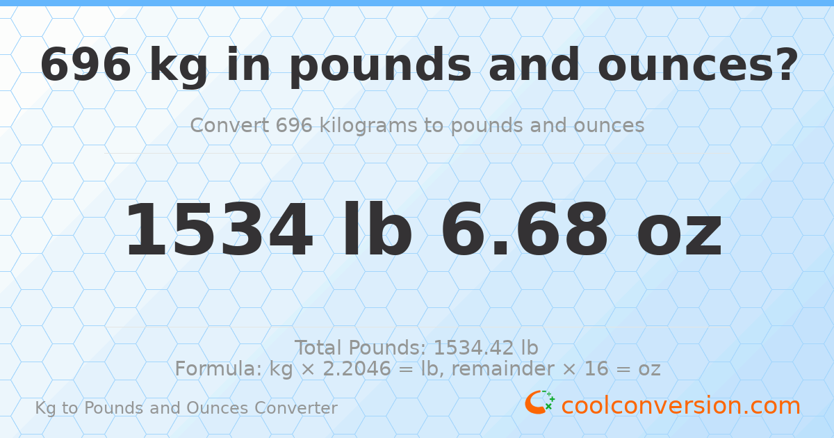 696 kg to lbs and oz — 696 kg = 1534 lb 6.68 oz