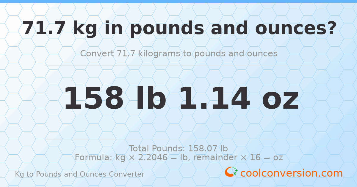 71.7 kg to lbs and oz — 71.7 kg = 158 lb 1.14 oz
