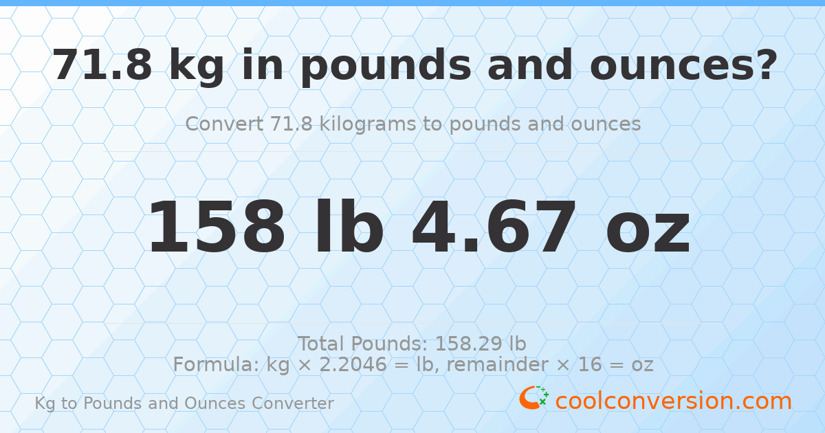 71.8 kg to lbs and oz — 71.8 kg = 158 lb 4.67 oz