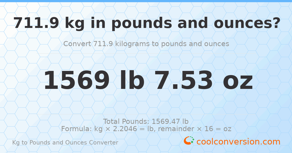 711.9 kg to lbs and oz — 711.9 kg = 1569 lb 7.53 oz