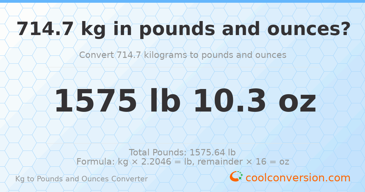 714.7 kg to lbs and oz — 714.7 kg = 1575 lb 10.3 oz