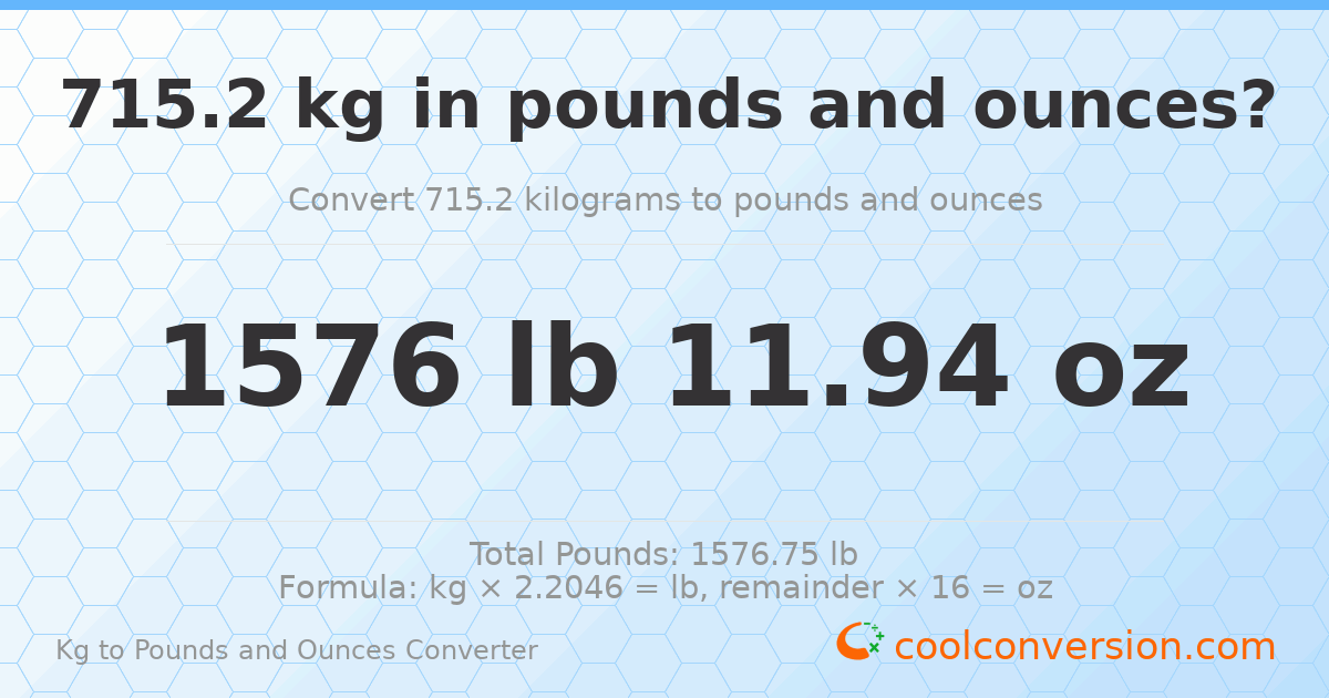 715.2 kg to lbs and oz — 715.2 kg = 1576 lb 11.94 oz