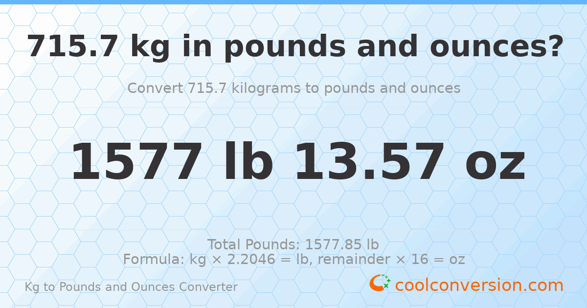 715.7 kg to lbs and oz — 715.7 kg = 1577 lb 13.57 oz
