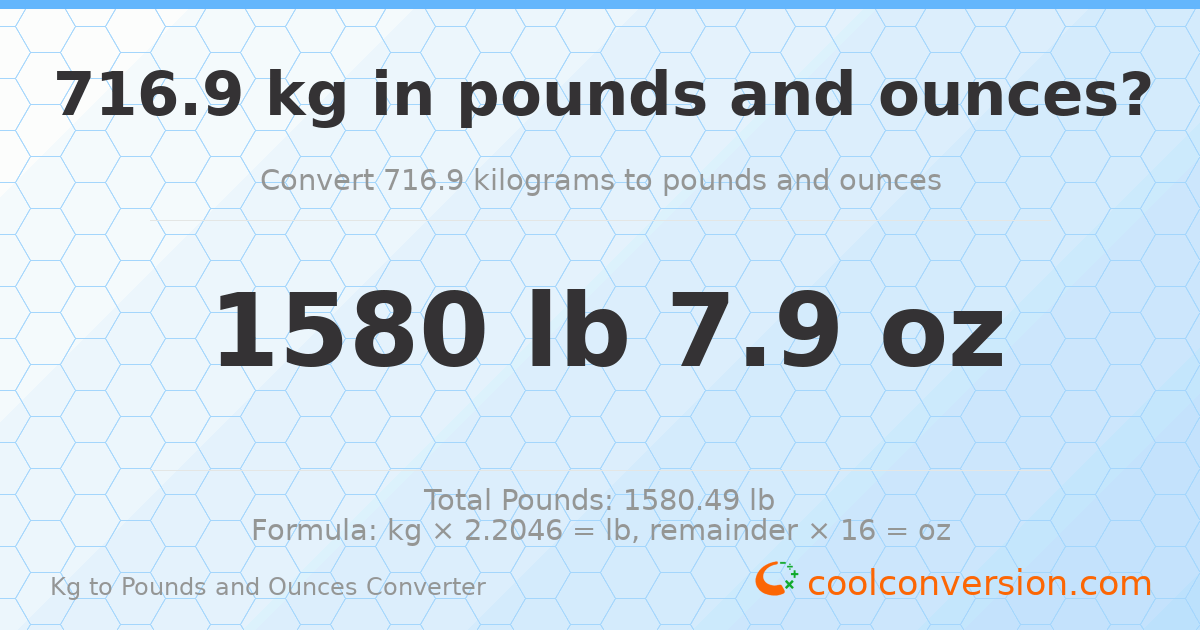 716.9 kg to lbs and oz — 716.9 kg = 1580 lb 7.9 oz