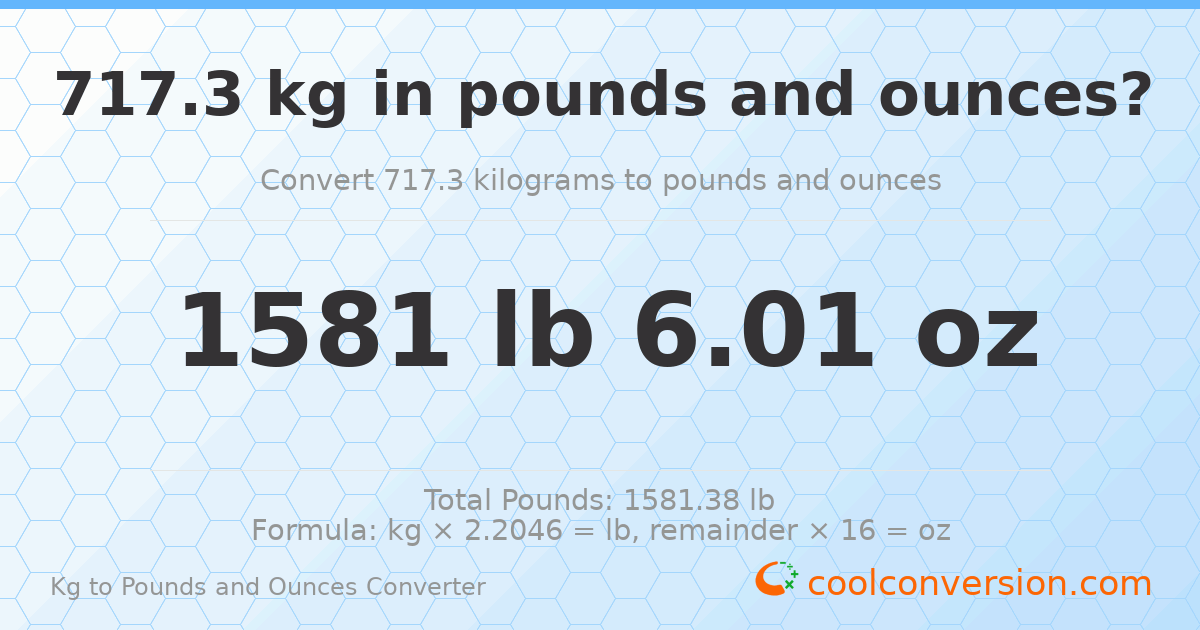 717.3 kg to lbs and oz — 717.3 kg = 1581 lb 6.01 oz