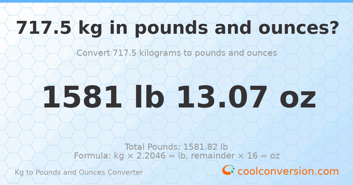 717.5 kg to lbs and oz — 717.5 kg = 1581 lb 13.07 oz
