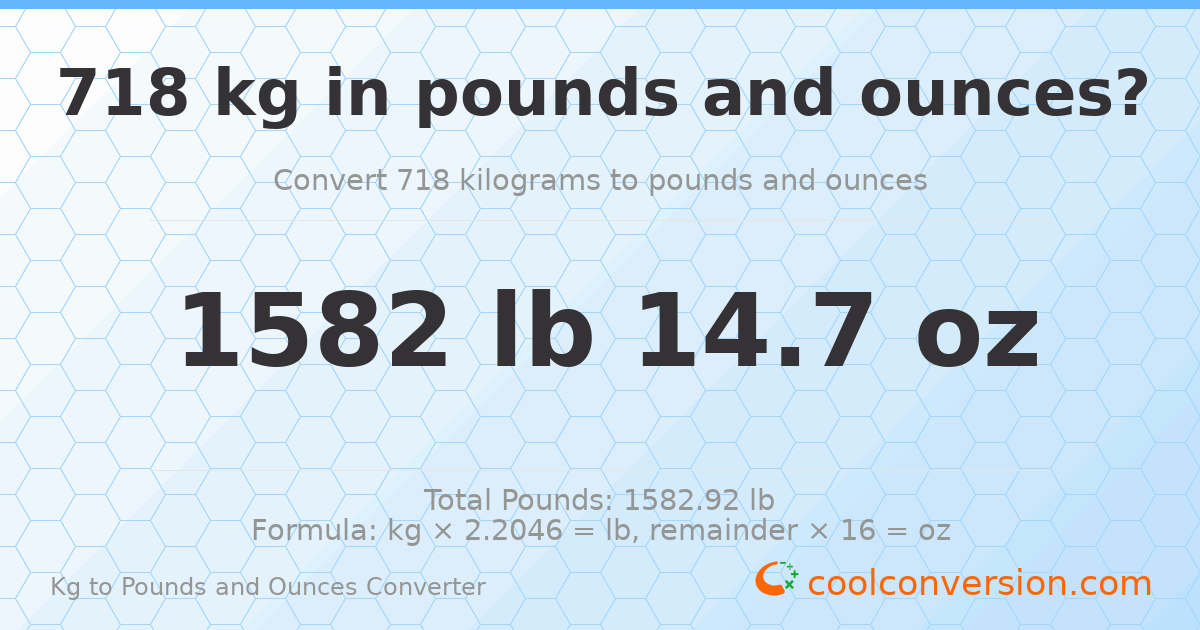 718 kg to lbs and oz — 718 kg = 1582 lb 14.7 oz