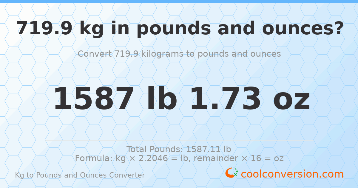 719.9 kg to lbs and oz — 719.9 kg = 1587 lb 1.73 oz