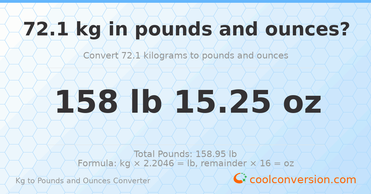 72.1 kg to lbs and oz — 72.1 kg = 158 lb 15.25 oz