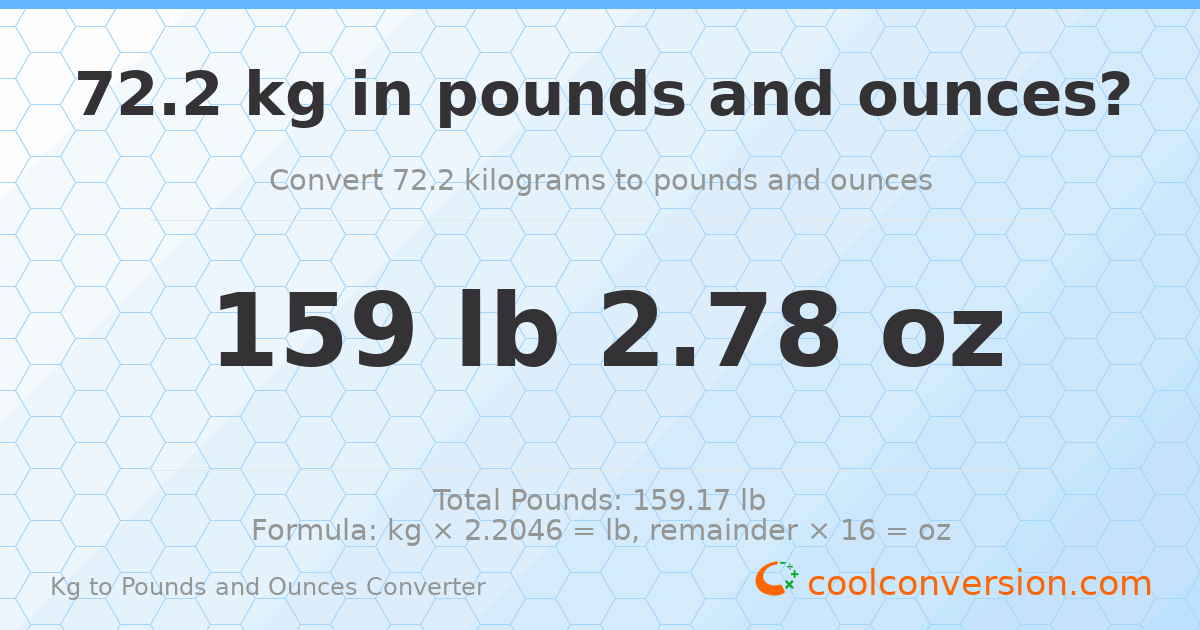 72.2 kg to lbs and oz — 72.2 kg = 159 lb 2.78 oz