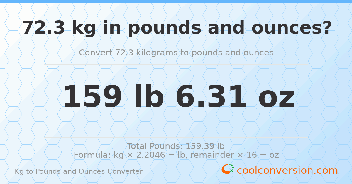 72.3 kg to lbs and oz — 72.3 kg = 159 lb 6.31 oz