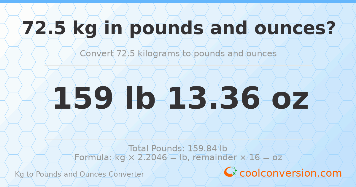 72.5 kg to lbs and oz — 72.5 kg = 159 lb 13.36 oz