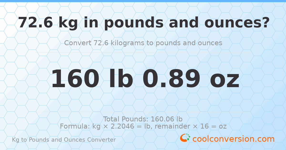 72.6 kg to lbs and oz — 72.6 kg = 160 lb 0.89 oz